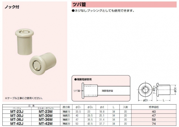 ツバ管 ノック付 20個入未来工業株式会社の通販なら電設資材の電材ネット